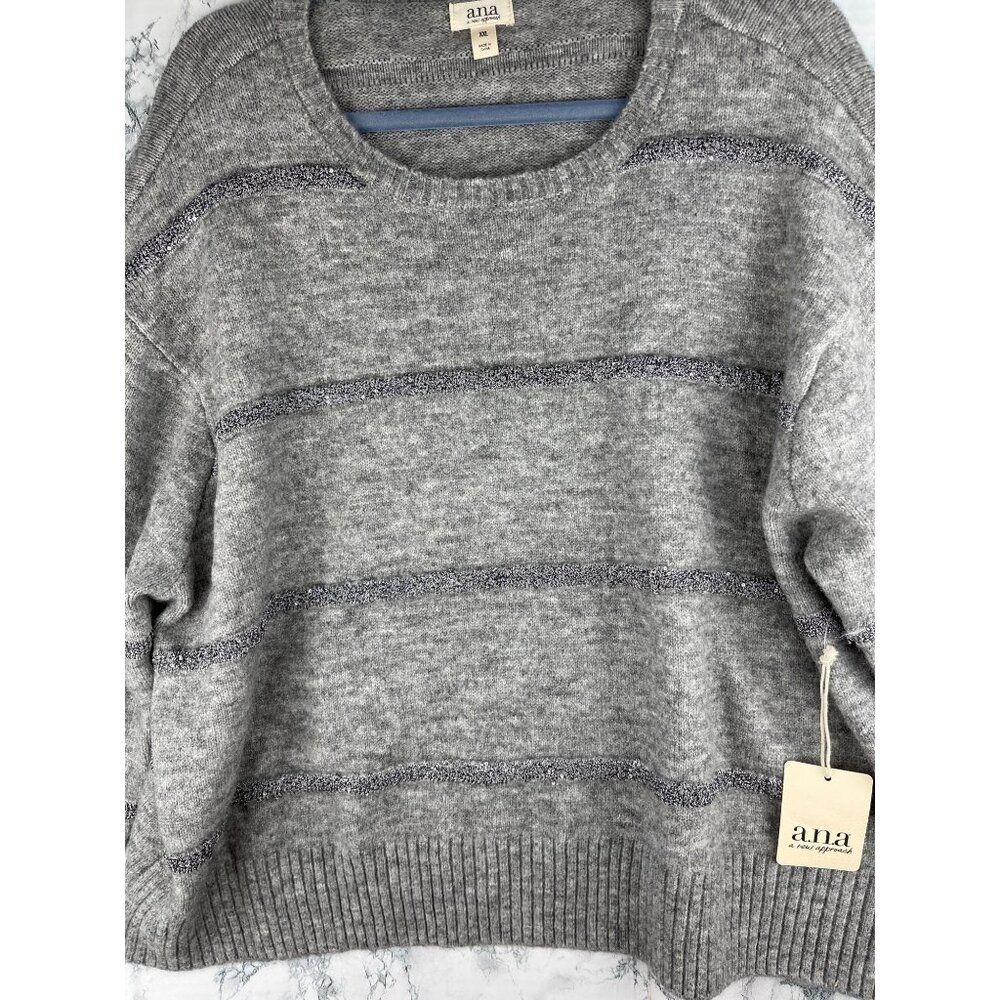 A.N.A Womens Size XXL Heather Grey Silver Striped Sweater - Picture 3 of 11